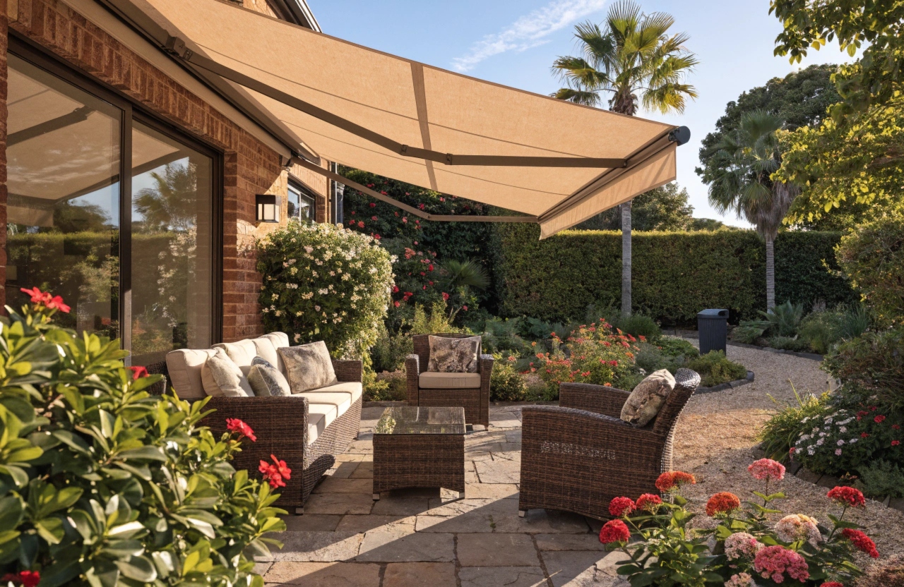 Retractable folding arm awning installed over backyard entertaining area on Newcastle home