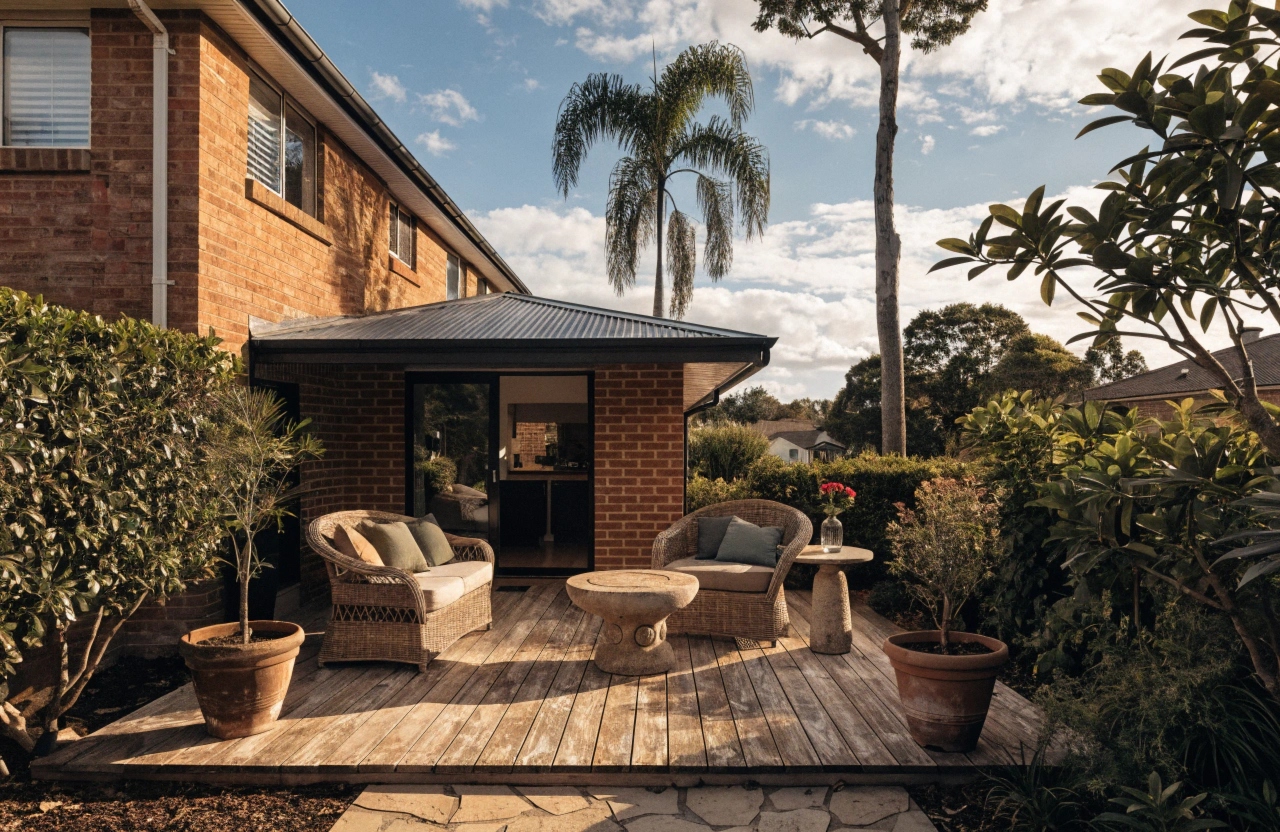 Attached patio with Colorbond roof on brick home in Newcastle NSW