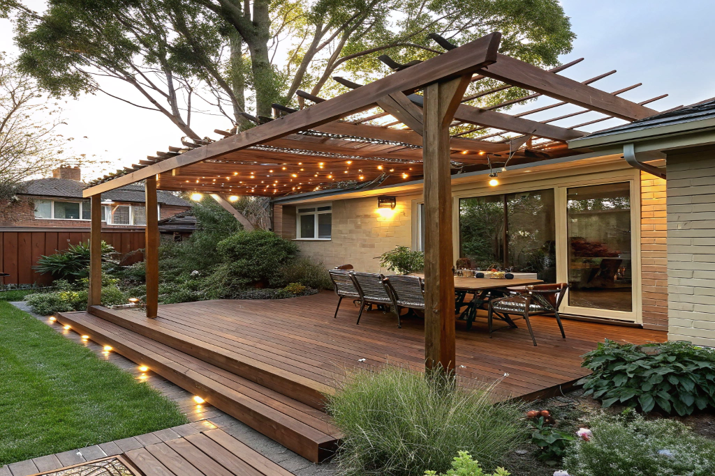 Attached timber pergola extending from the back of a character home in Newcastle with decking below
