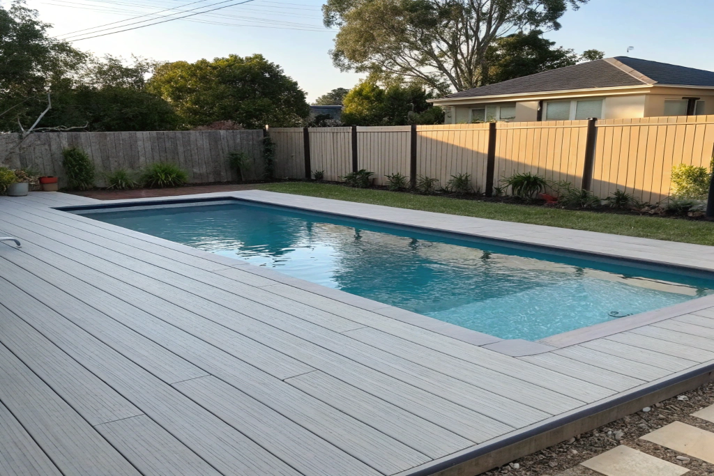 composite pool decking around residential swimming pool Newcastle backyard