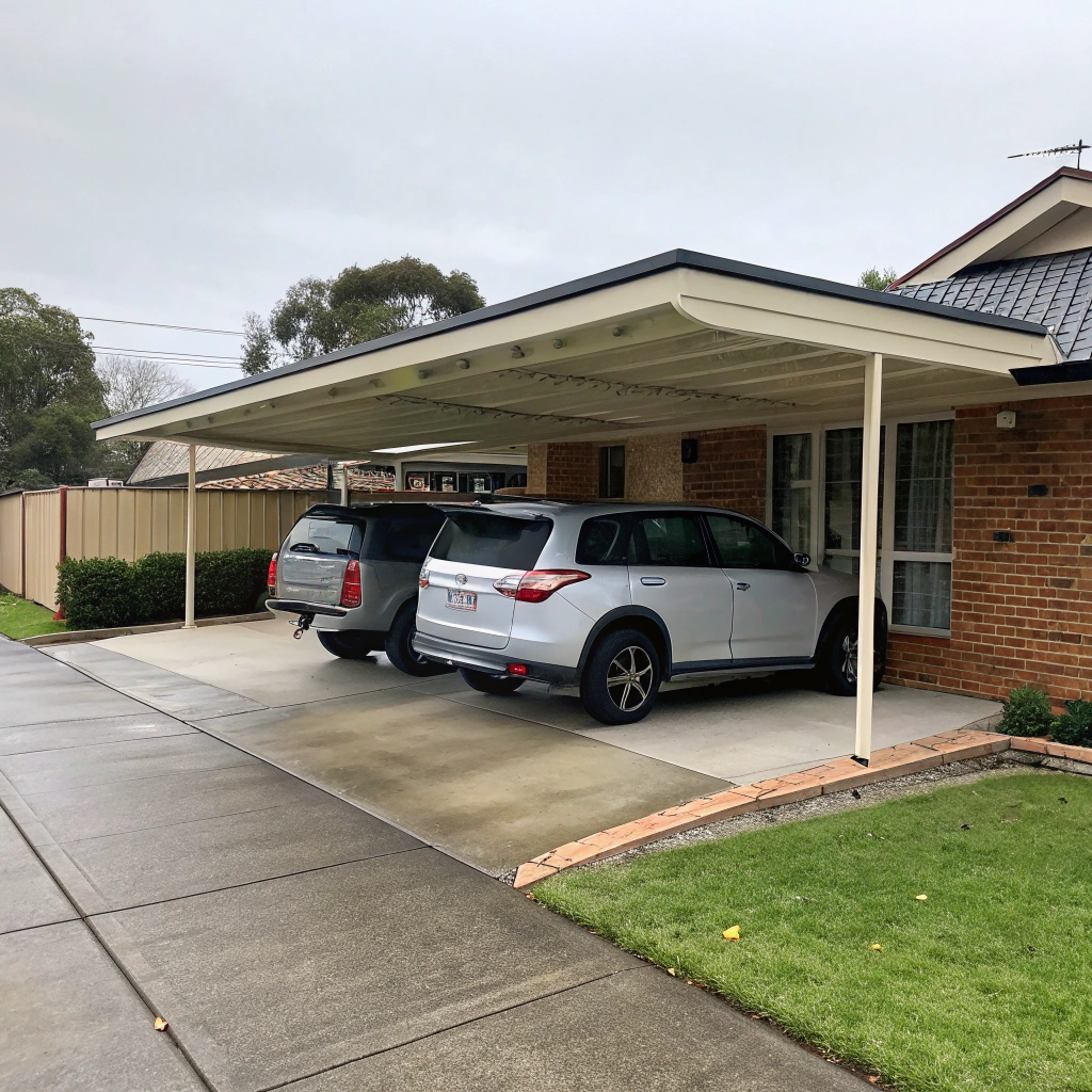 Double Colorbond steel carport installed beside a brick home in a Newcastle suburb