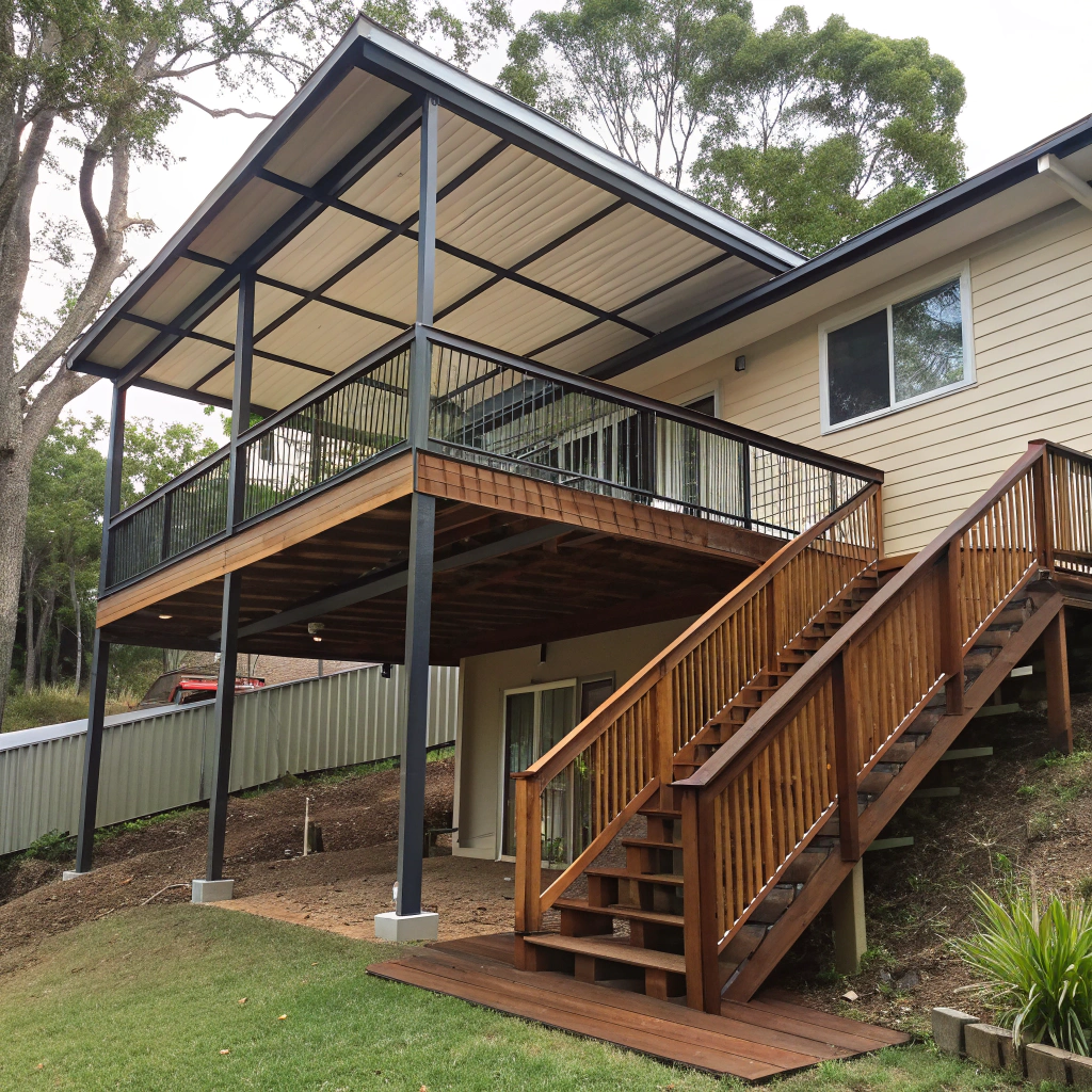 Elevated timber deck built on sloping block at Newcastle home