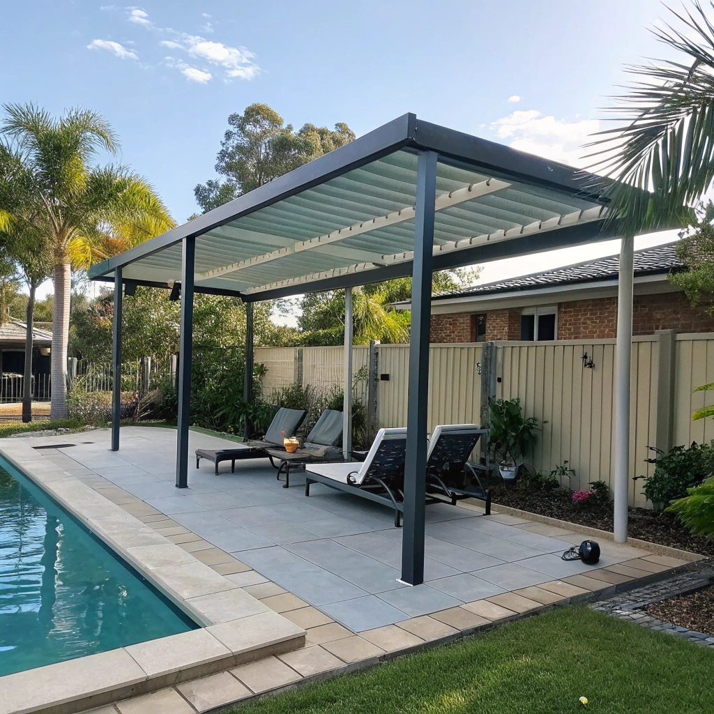 Freestanding aluminium pergola beside a backyard swimming pool on a Newcastle residential property