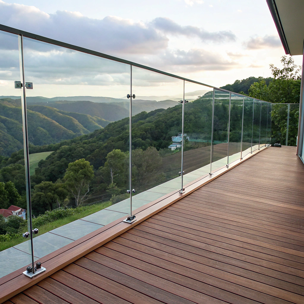 Glass balustrade on elevated deck Newcastle with coastal view