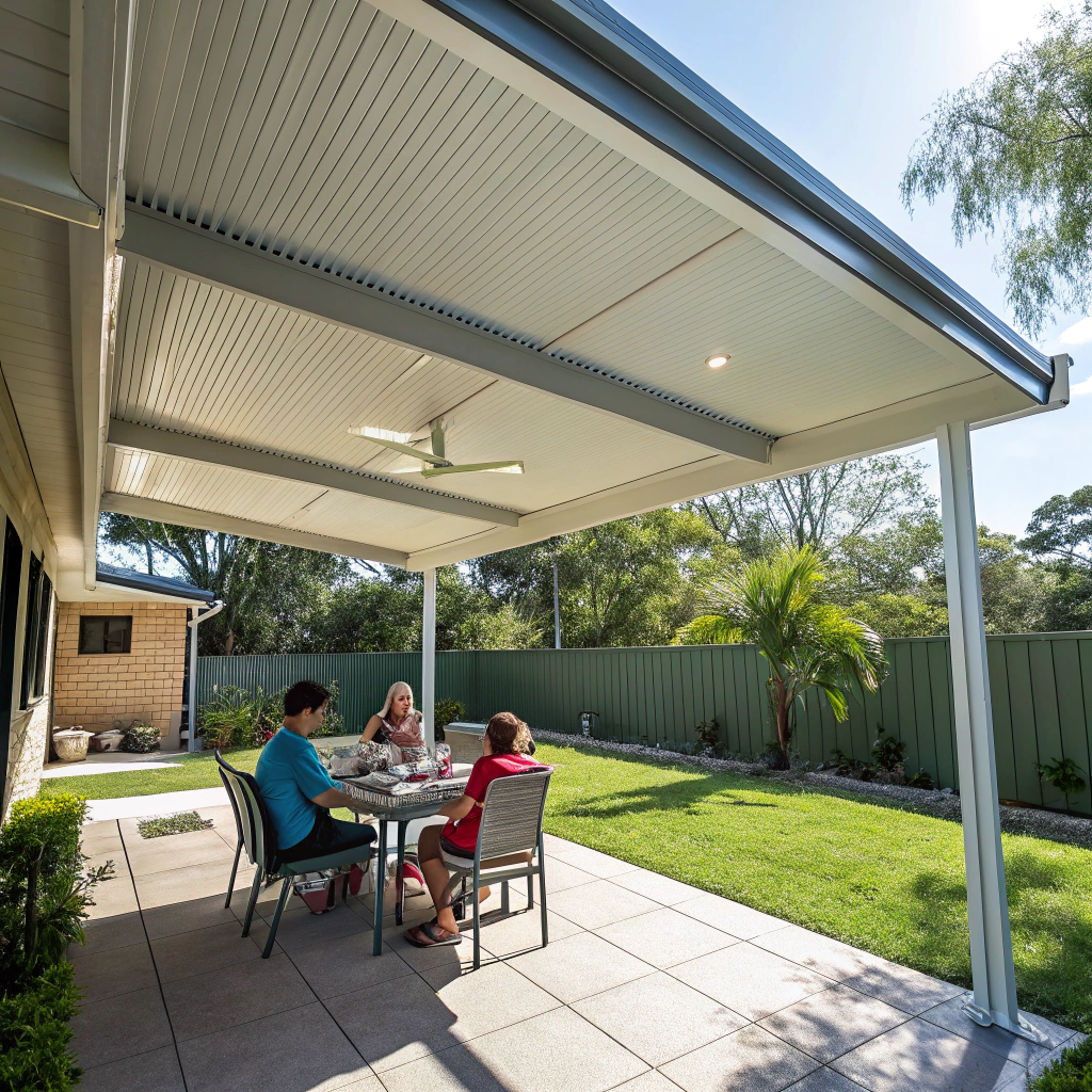 Family entertaining under an insulated patio roof on a hot Newcastle summer day