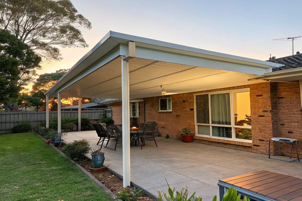 Insulated patio roofing installed on a brick veneer home in Newcastle