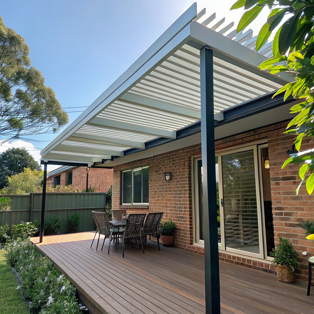 Louvred pergola installed on a brick Newcastle home with adjustable roof blades open on a sunny day