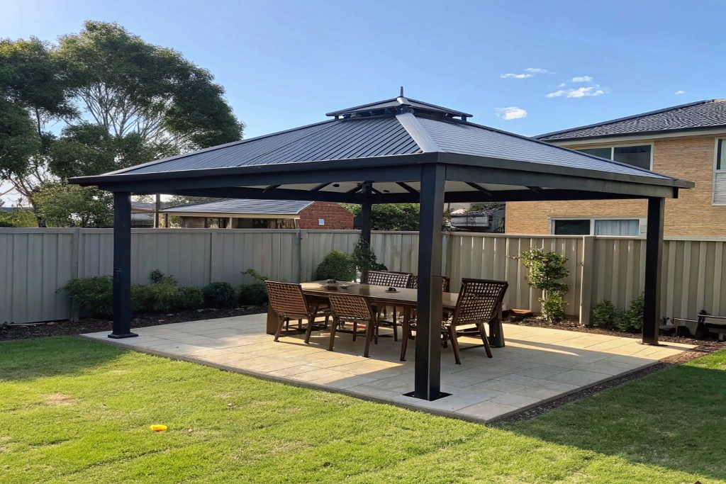 Powder-coated metal frame gazebo in a Newcastle entertaining area