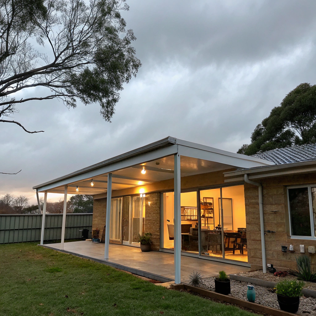Insulated patio roof on a Newcastle home during a cool winter afternoon