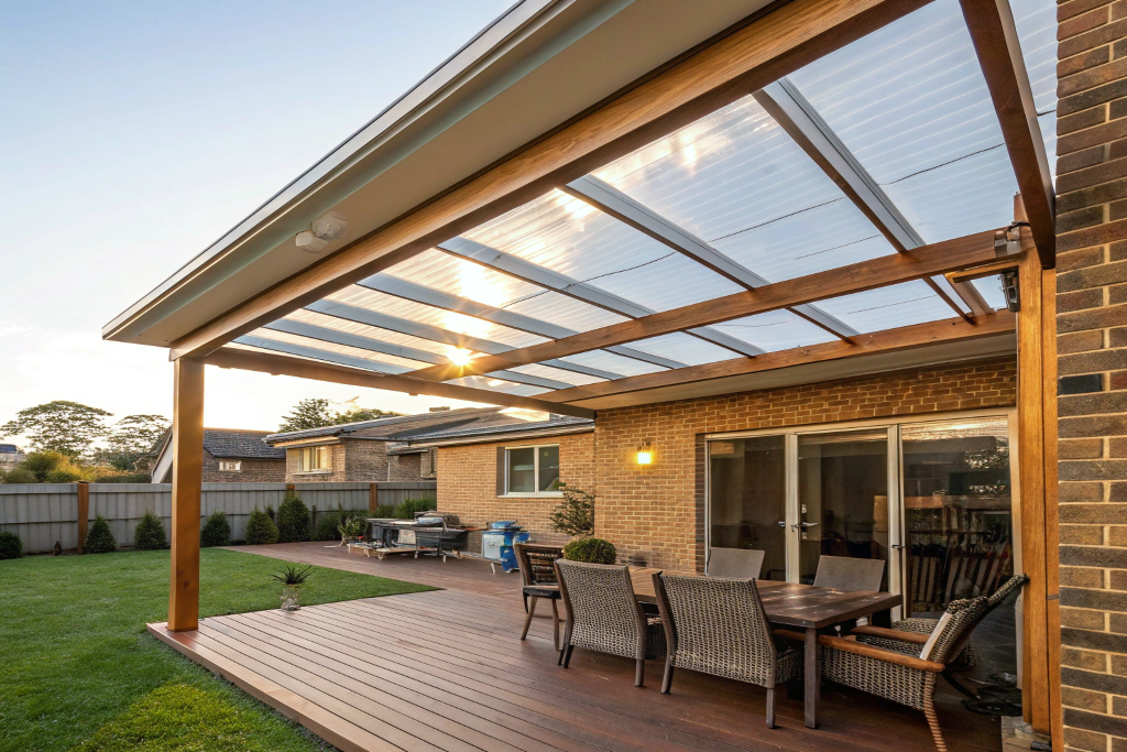 Polycarbonate roof panels installed on residential pergola Newcastle