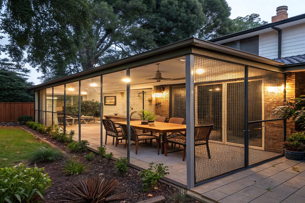 Screened patio installation Newcastle residential home evening lighting
