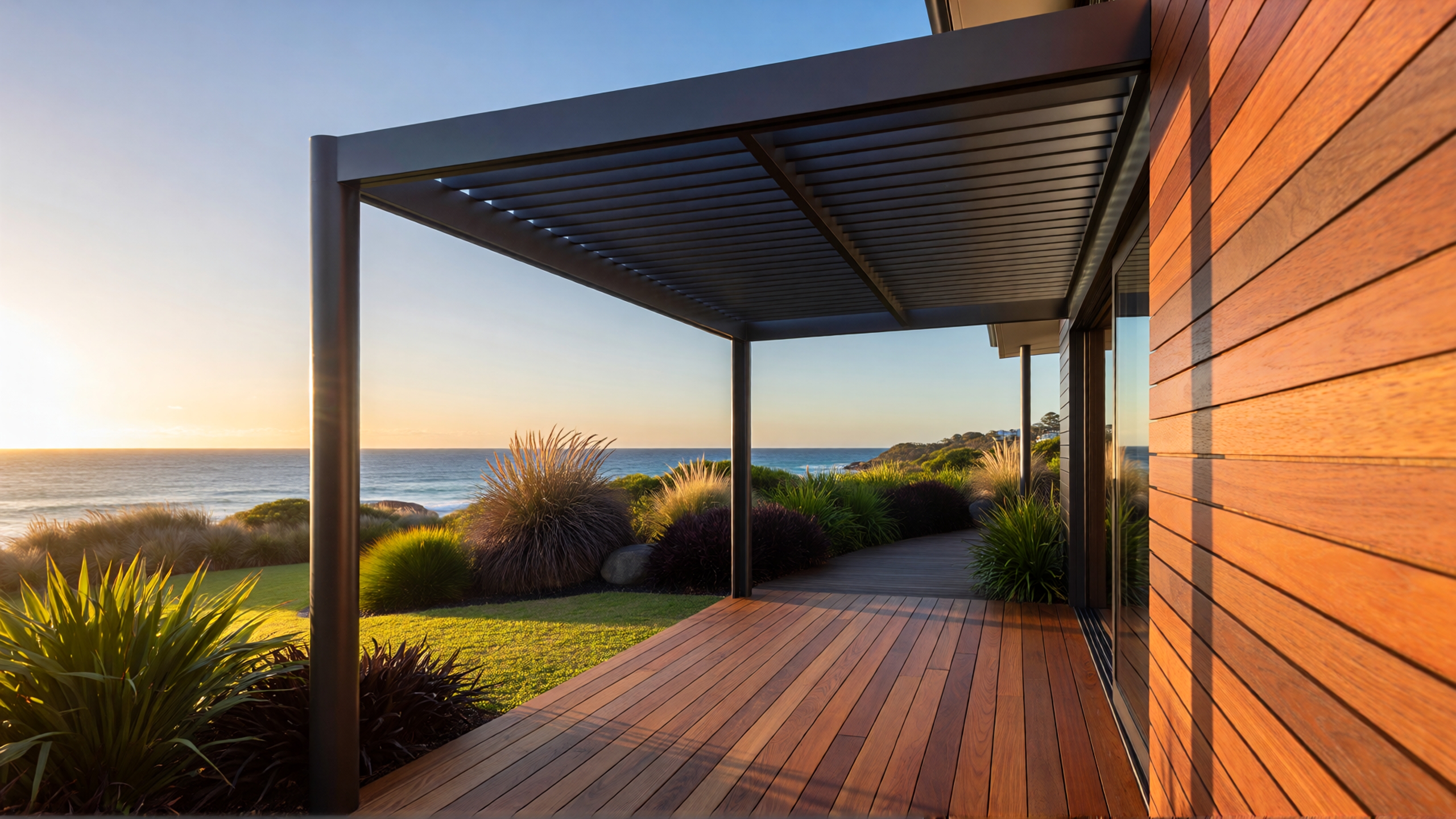 sleek attached aluminium pergola extending from the back of the house